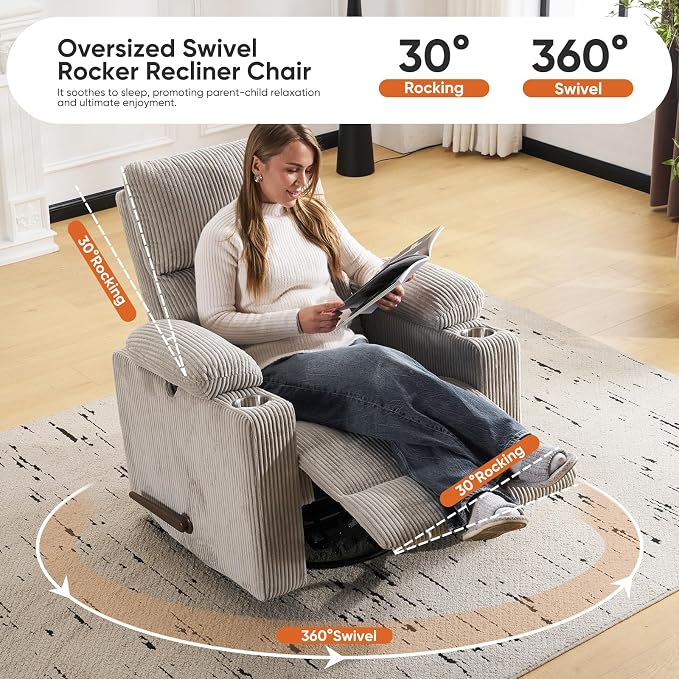 Swivel Rocker Recliner with Adjustable Armrests, Rocking Nursery Chair with - Image 6