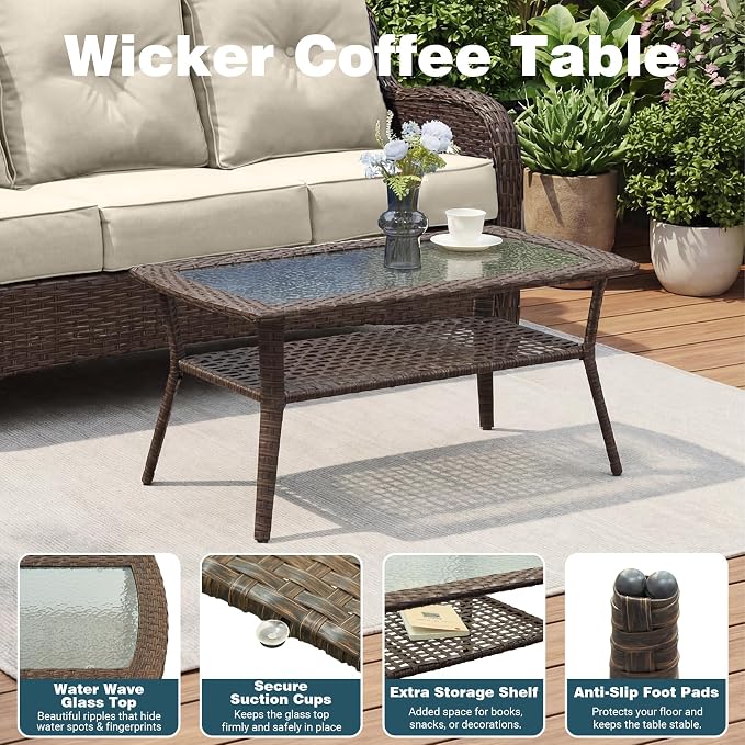 Patio Furniture Set, High Back Rattan Sofa & Swivel Rocker Chairs, Weather - Image 8