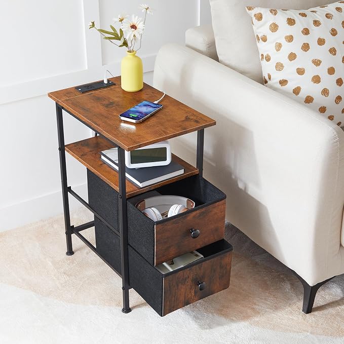 HOOBRO End Table with Charging Station, Nightstand with 2 Non-Woven Drawers - Image 4