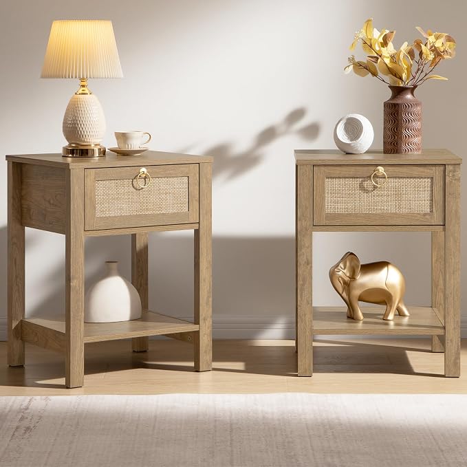 SICOTAS Rattan Nightstand Set of 2, Rattan Decor Drawer by SICOTAS