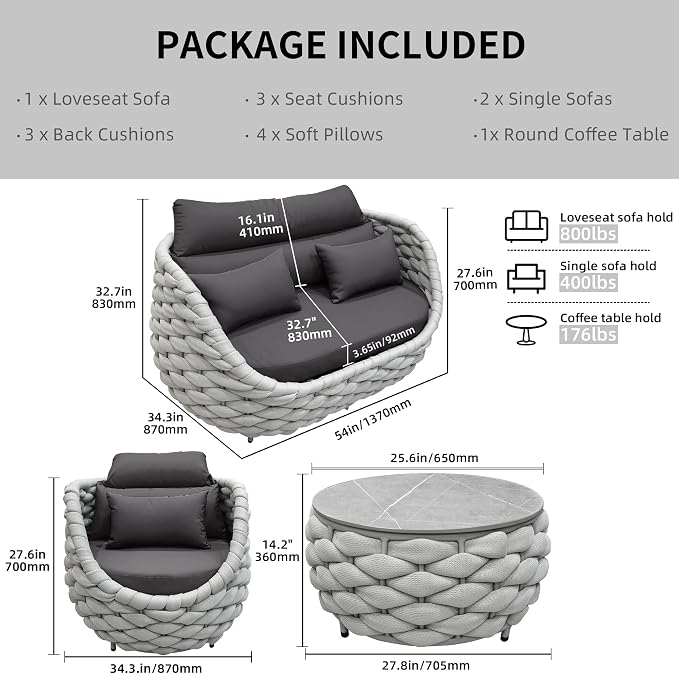 TWT Patio Furniture Set 4 Pieces Aluminum Outdoor Furniture w/27.8in Coffee - Image 3