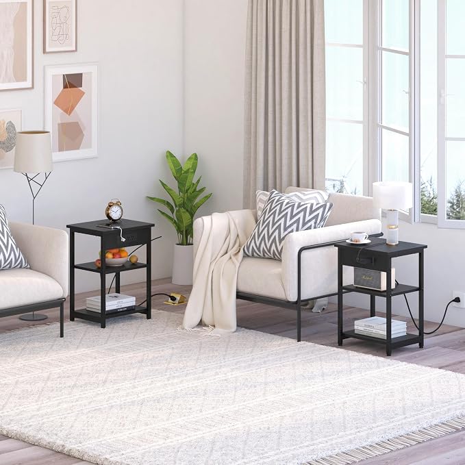 End Tables Set of 2 with Charging Station USB Ports, 3 Tier Tall Night Stand - Image 4