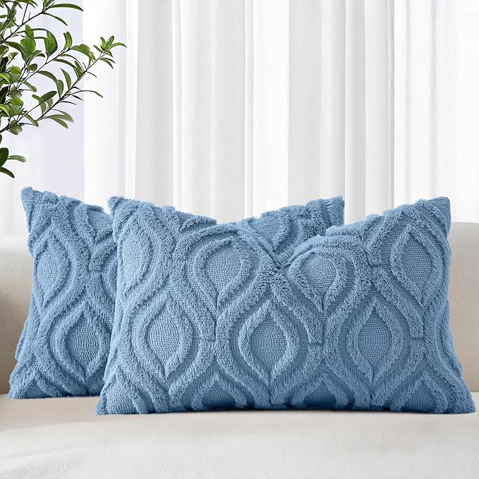 decorUhome Throw Pillow Covers 12x20 Inch Set of 2, Soft Plush Faux Wool Blue by decorUhome