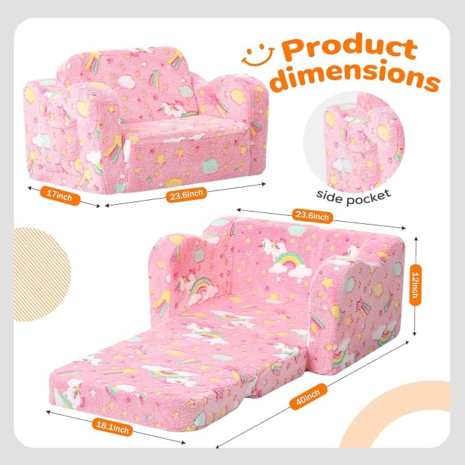 MeMoreCool Glowing Pink Rainbow Kids Chair, 2-in-1 Glow-in-the-Dark Kids Couch - Image 2