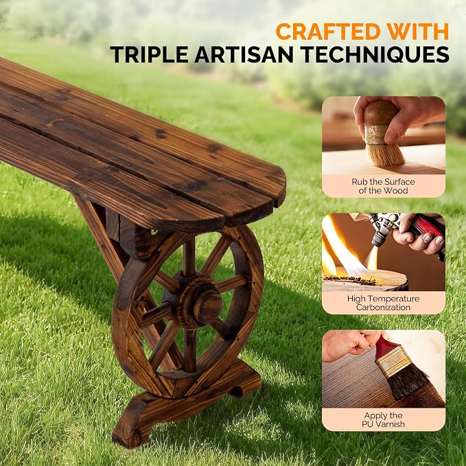 VINGLI Rustic Wooden Wheel Bench Outdoor Bench, Patio Bench Wagon Slatted Seat - Image 5