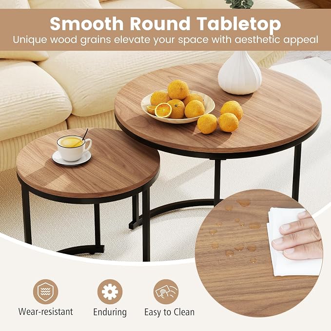 Giantex Nesting Coffee Table Set of 2, Round Stacking Side Tables w/Wooden - Image 6