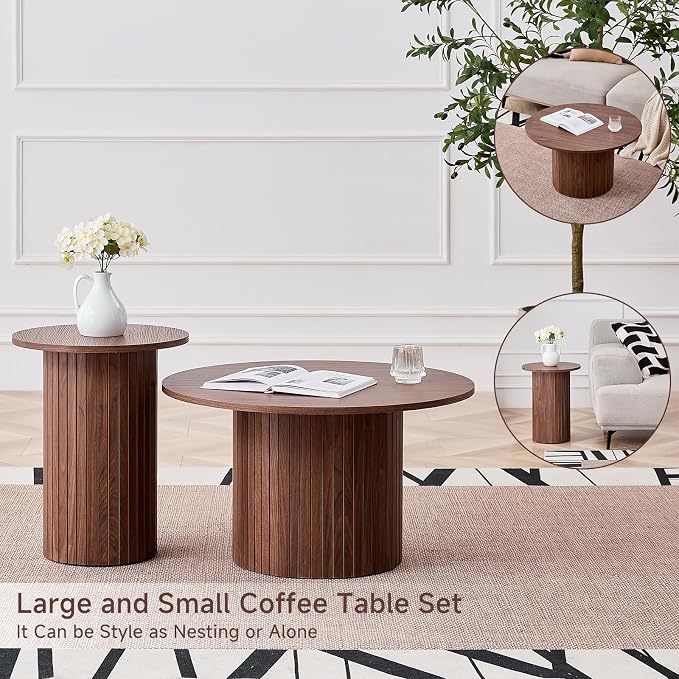 Round Nesting Coffee Table Set of 2 Mid Century Modern Wood Round Coffee Tables - Image 6