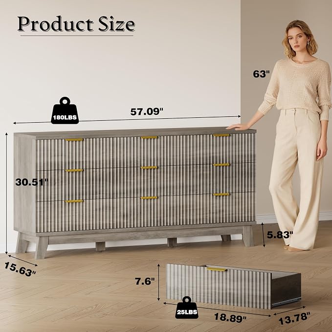 BORNOON Fluted 9 Drawer Dresser, 57.1" Wide Modern Boho Chest of Drawers - Image 2