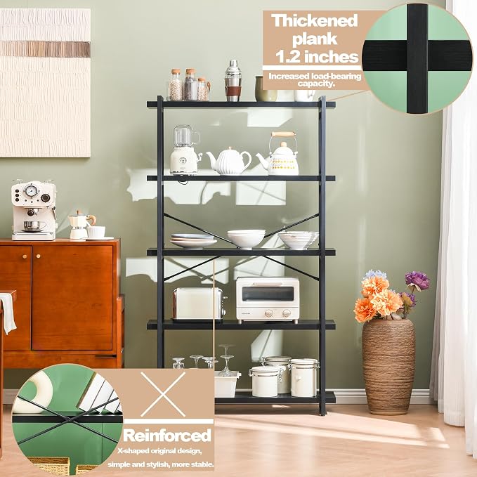 HCHQHS Bookshelf, 5-Tier Industrial Bookcase, Freestanding Tall Bookshelves - Image 6