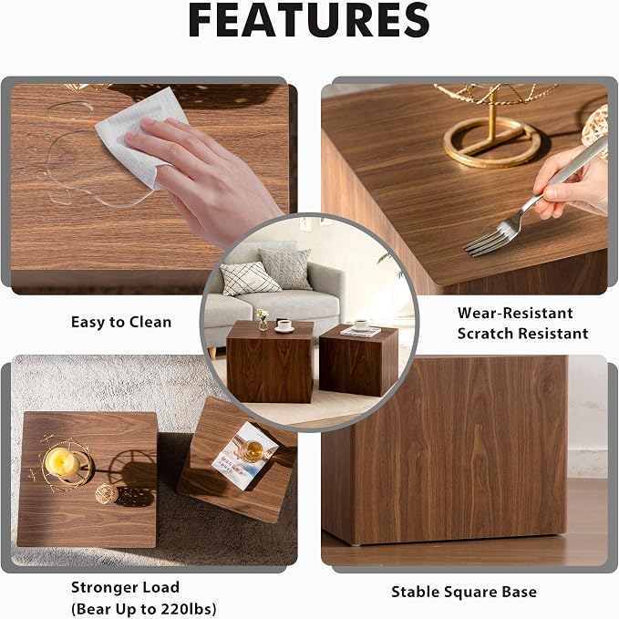 Square Nesting Tables for Living Room, Wood Nesting Coffee Table Walnut Veneer - Image 5
