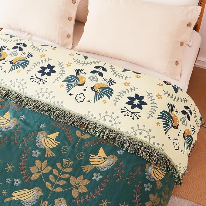 LUTBM King Throw Blanket for Bed 100% Cotton Boho Soft Rustic Quilt Birds and - Image 9