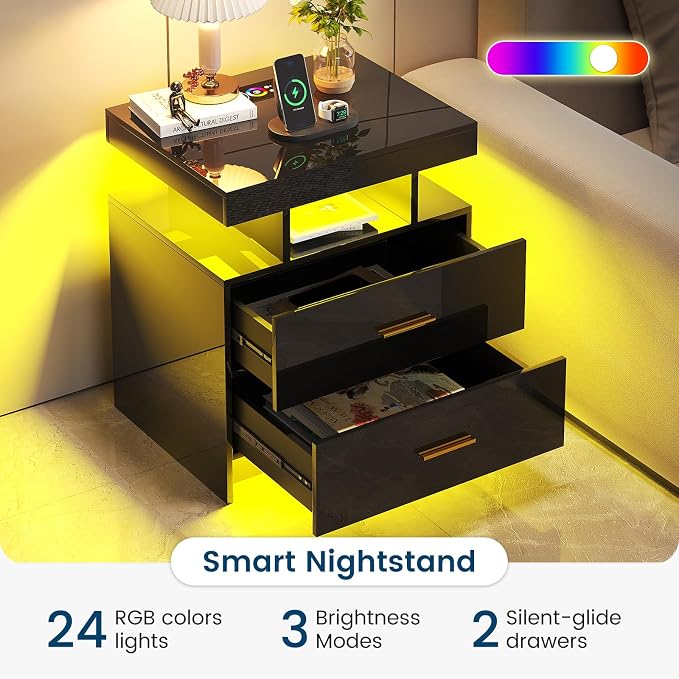 HNEBC Auto LED Nightstand with Wireless Charging Station & USB Ports, High - Image 3