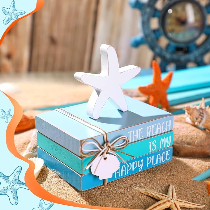 Pinkunn 4 Pcs Summer Table Coastal Theme Decorations Wooden Beach Starfish - Image 2