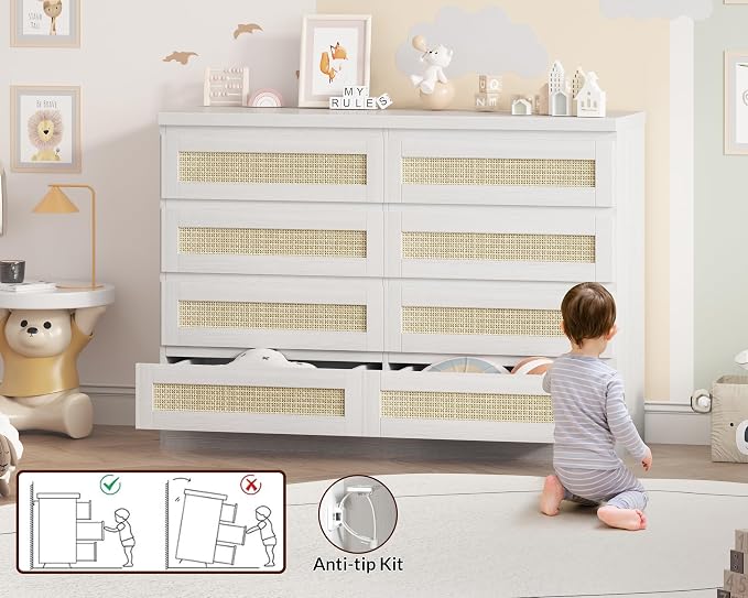 47 Inch Rattan 8 Drawer Dresser, Modern Farmhouse Chest of Drawers, Tv Stand - Image 7