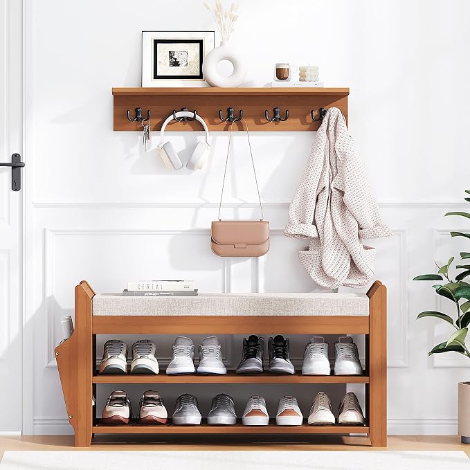 PETKABOO 31.5" Shoe Bench with Coat Rack Hidden Drawer and Side Holder - Image 7