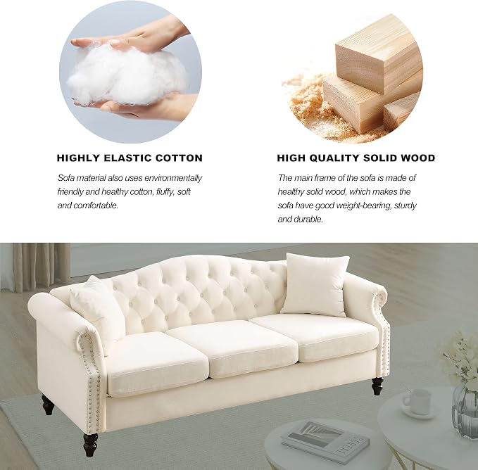 79" 2 Piece 3-Seater Velvet Chesterfield Sofa - Image 3