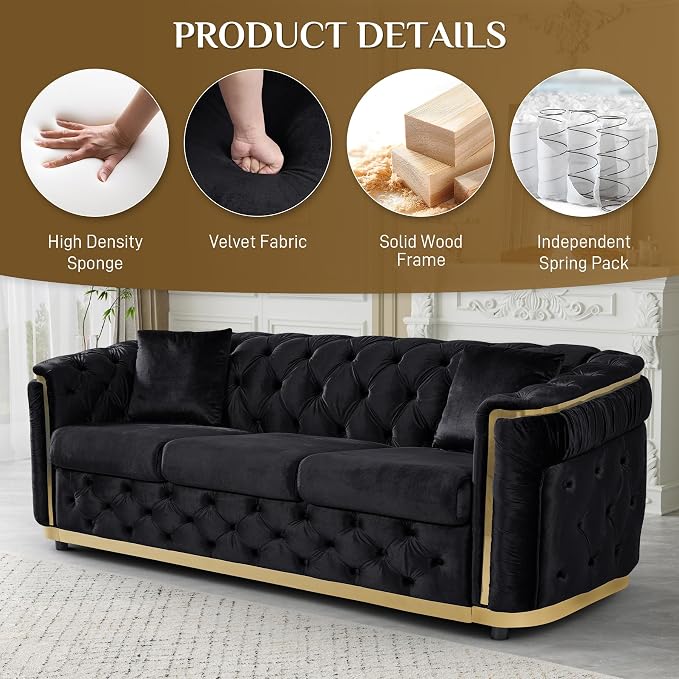 DAMAIFROM Luxury Velvet Couch Set Black and Gold Sofa, Mid Century Modern - Image 3
