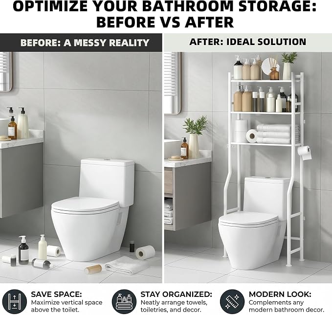 GloTika 3-Tier Over Toilet Storage - 150lb Total Capacity Metal Bathroom - Image 7
