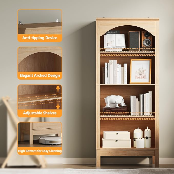 Arched Bookshelf with 4 Tier Open Shelves, Study and Living Room, Natural Oak - Image 5