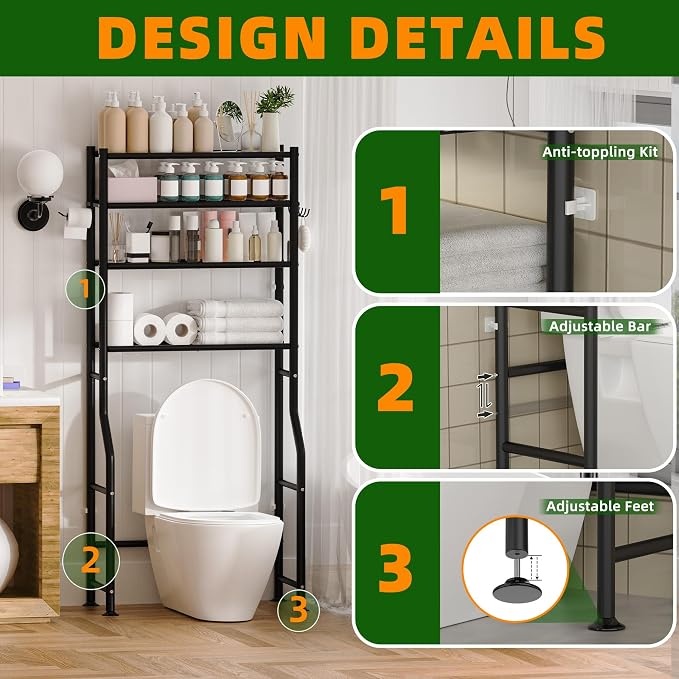 GloTika 4-Tier Over Toilet Storage - 150lb Total Capacity Metal Bathroom - Image 4