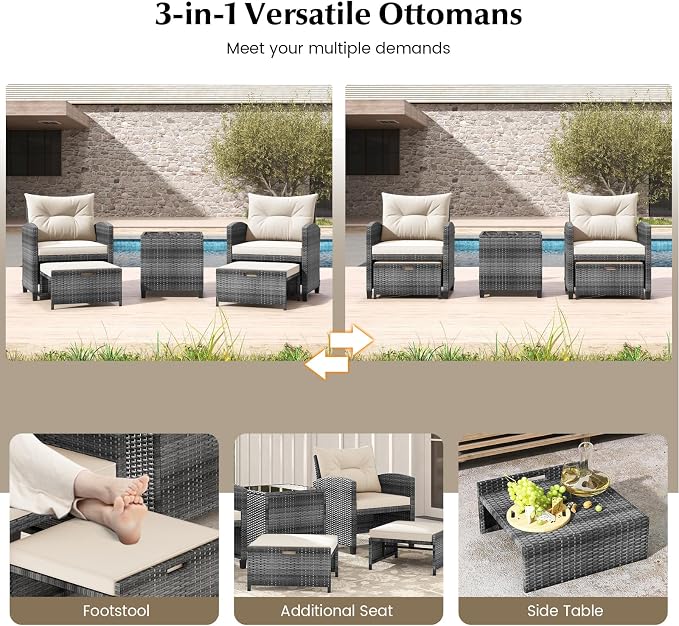 Tangkula 5 Pieces Patio Conversation Set, PE Wicker Rattan Outdoor Furniture Set - Image 4