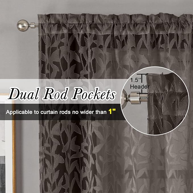 Lecloud Leia Jacquard Textured Chocolate Brown Semi Sheer Curtain 45 Inch Length - Image 2