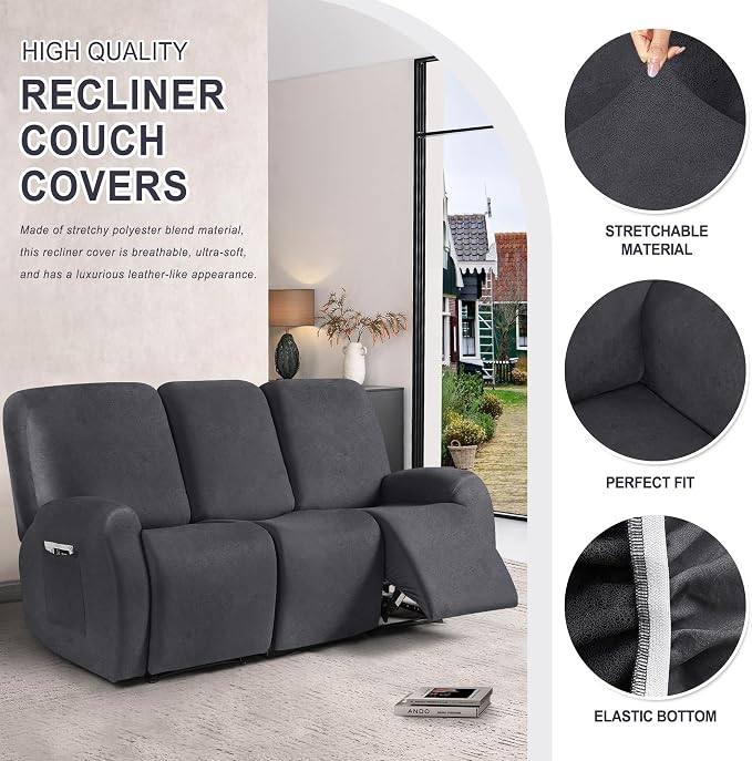 ANARACHON Leather Look Recliner Couch Cover, 8-Pieces Stretch Recliner Sofa - Image 5