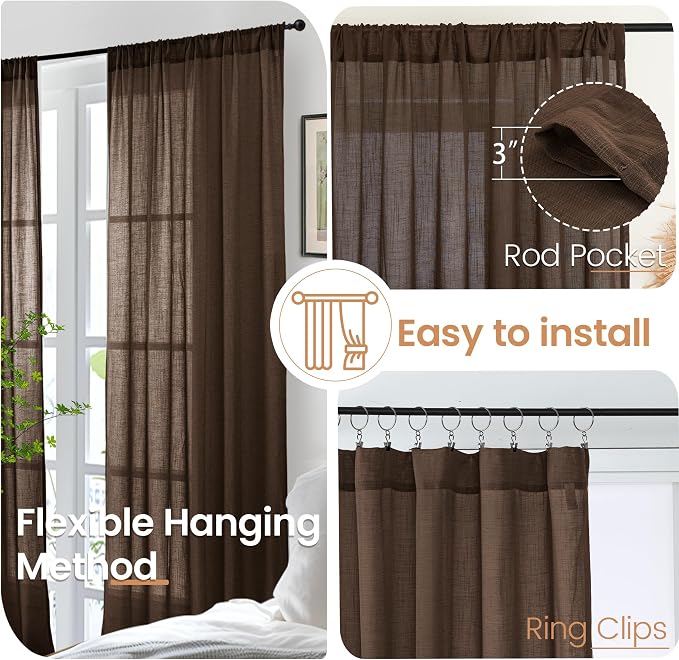 BGment Brown Linen Kitchen Curtains 40 Inch Length, Small Semi Sheer Drapes - Image 6