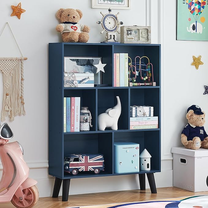 LEYAOYAO Cube Bookshelf 3 Tier Mid-Century Rustic Dark Blue Modern Bookcase - Image 5