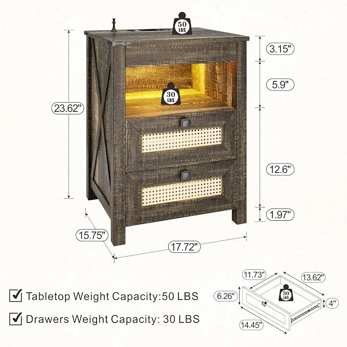 FREDEES Rustic Nightstand with Gun Drawer, End Table with Charging Station - Image 2