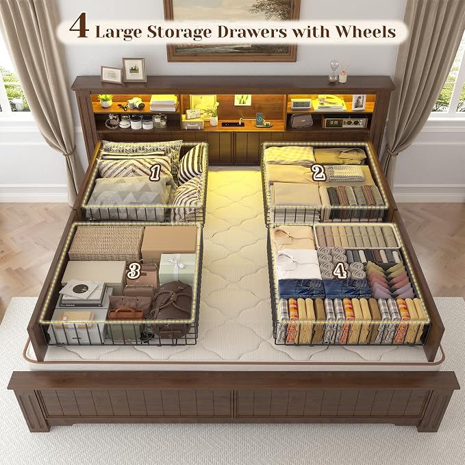 EnHomee King Size Bed Frame and Headboard & Storage, 4 Drawers and LED Built in - Image 5