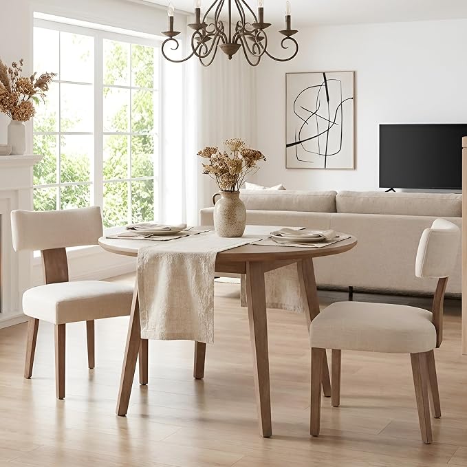 HNY Mid Century Modern Dining Chairs, Linen Fabric Upholstered and Curved by HNY