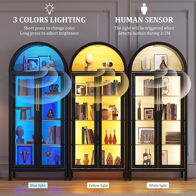 HWB Display Curio Cabinet with Glass Doors, Arched Bookcase 5-Tier Tall Storage - Image 3