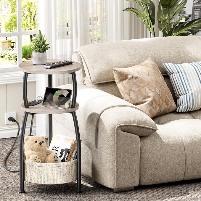 Small Side Table with Charging Station, Round End Table with Basket, USB Port - Image 2