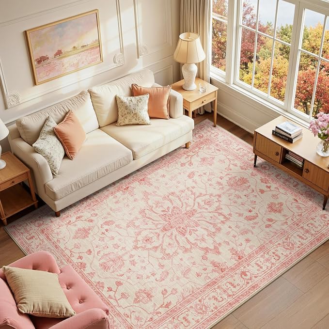 RELEANY Area Rugs 6'x9' Washable Non-Slip, Floral Vintage Distress Print by RELEANY