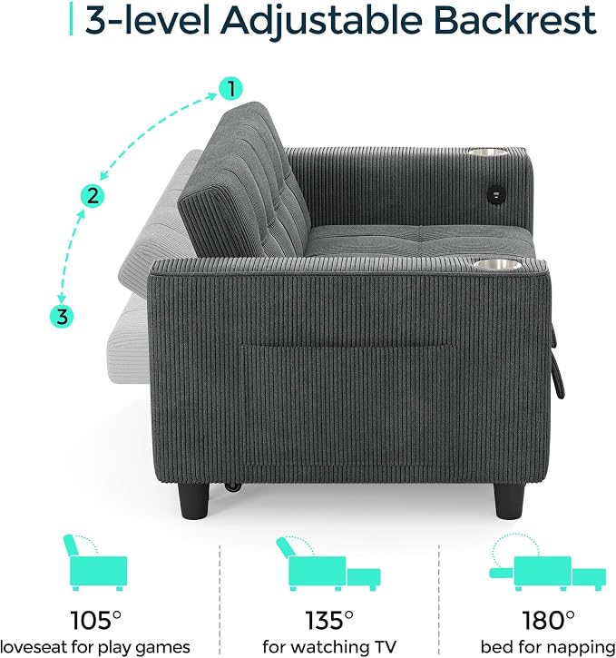 LINSY 54" Pull Out Couch with Charging Station - Image 3