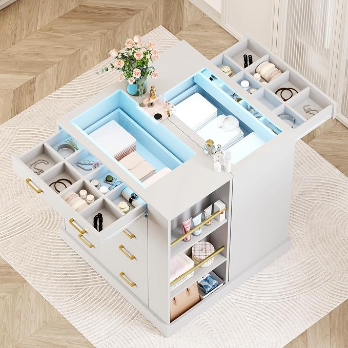 Drawer Dresser with LED Lights and Open Shelves, Modern Tall Chest of Drawers - Image 6