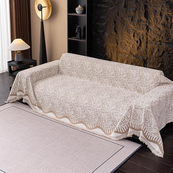 VClife Boho Couch Cover, Abstract Cream and Khaki Line Geometric Jacquard Couch - Image 3