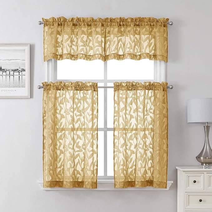 Lecloud Leia Dark Gold Sheer Kitchen Curtains 24 Inch Length 2 Pcs, Jacquard - Image 7