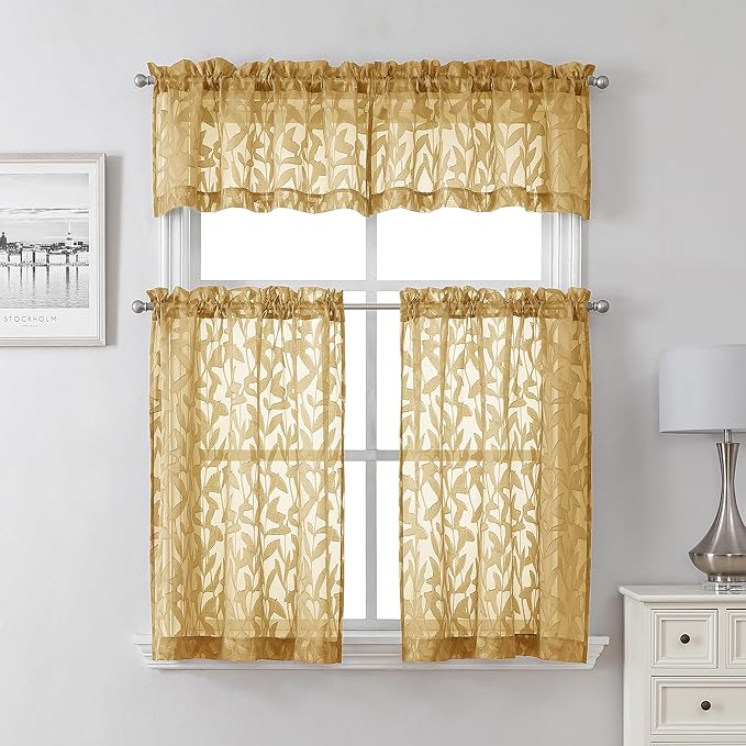 Lecloud Leia Dark Gold Sheer Kitchen Curtains 36 Inch Length, Breathable Clip - Image 7