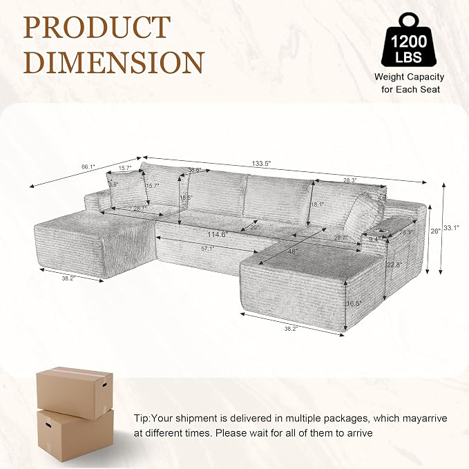 134 Inch Modular Sectional Sleeper Sofa, Boneless Cloud Couch - Image 2
