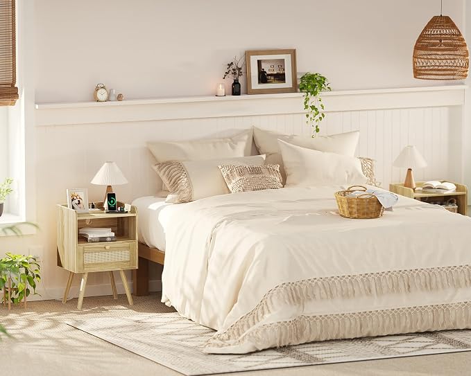SUPERJARE Nightstand with Charging Station & Rattan-Like Decor Drawer, Rattan - Image 9
