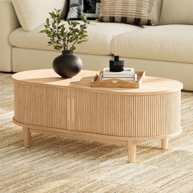 LINSY HOME Oval Coffee Table, Wood Coffee Table - Image 2
