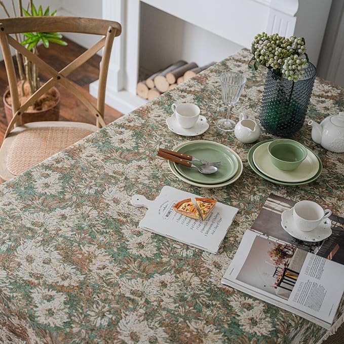 Aesthetic Green and Beige Floral Table Cloth, Linen Texture Table Cloth - Image 8