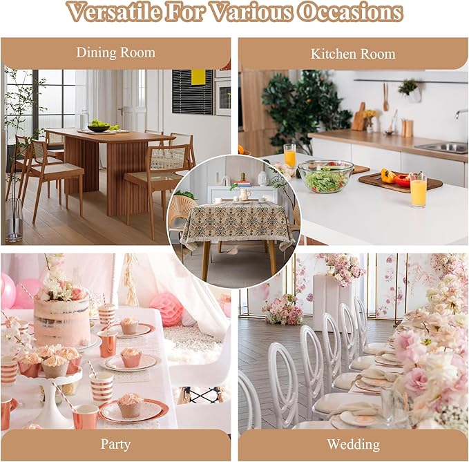 VClife Beige Floral Print Table Cloth, Linen Texture Tablecloth - Image 3