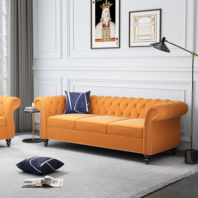 ORRD 2 Piece Living Room Set, Velvet Chesterfield Sofa Loveseat Couch - Image 4