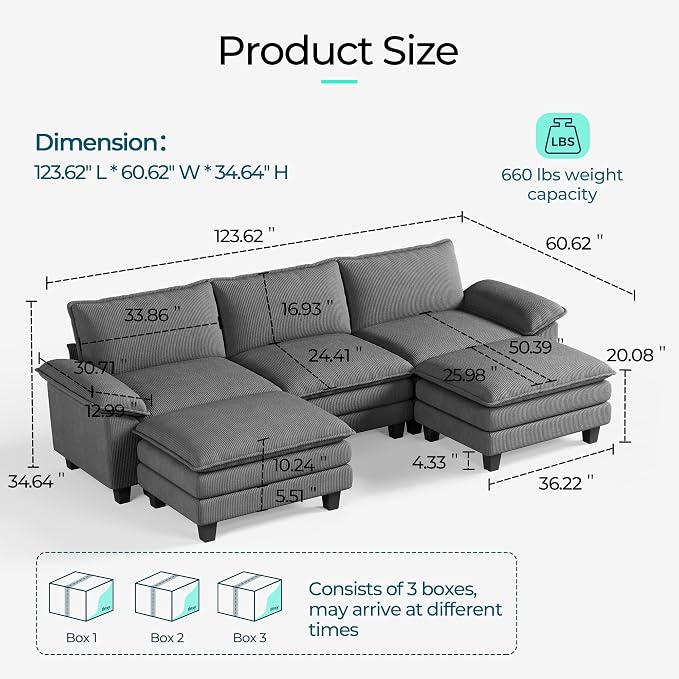 LINSY HOME 123" Modular U-Shaped Sectional Sofa, 3-Seat Corduroy Modern Cloud - Image 2
