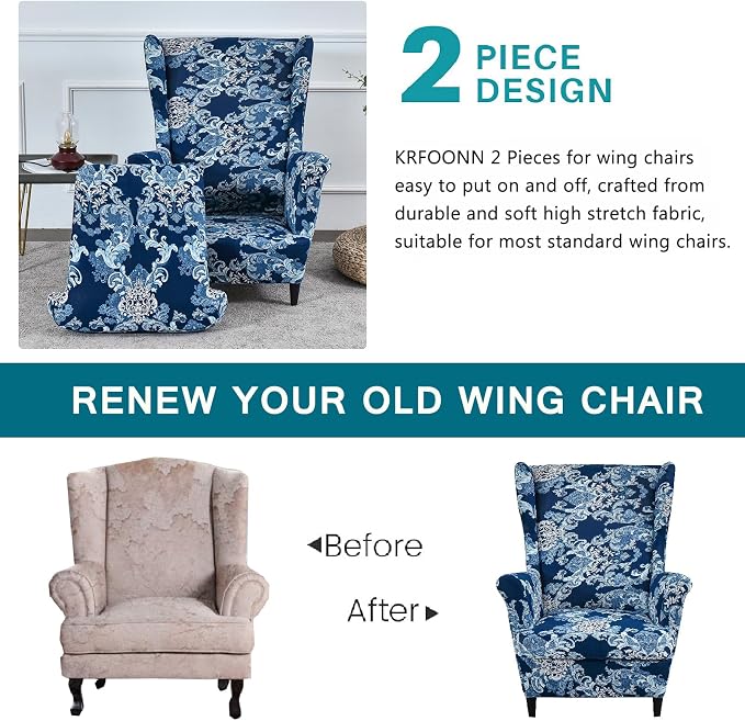 KRFOONN Wingback Chair Cover Slipcovers 2 Piece Stretch Wing Chair Covers - Image 4