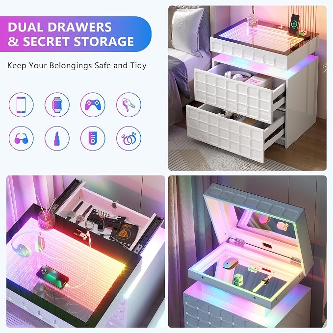 Night Stand with Charging Station and Smart RGB Lights, LED Nightstand with - Image 4