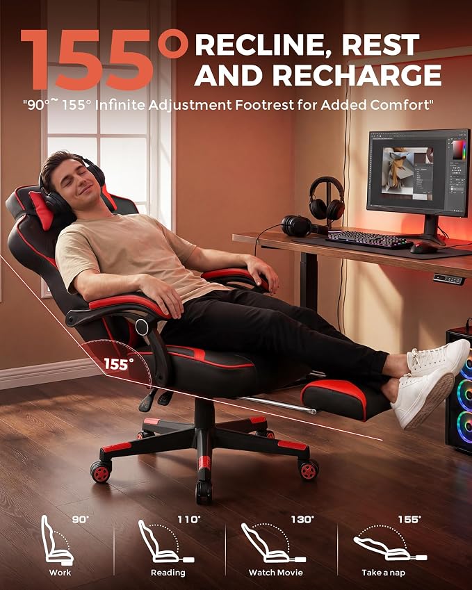 GTPLAYER Gaming Chair with Footrest, Big and Tall Game Chair 350lb Racing Style - Image 6